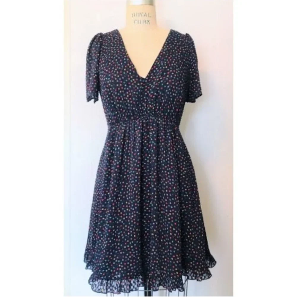 MADEWELL SUGAR DOT BLUE RED YELLOW V-NECK FLUTTER SLEEVE MINI DRESS 0 NWT